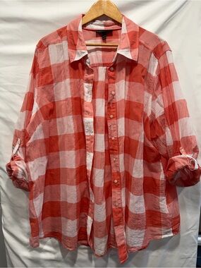 Lane Bryant Orange and White Buffalo Check Button-Down Shirt